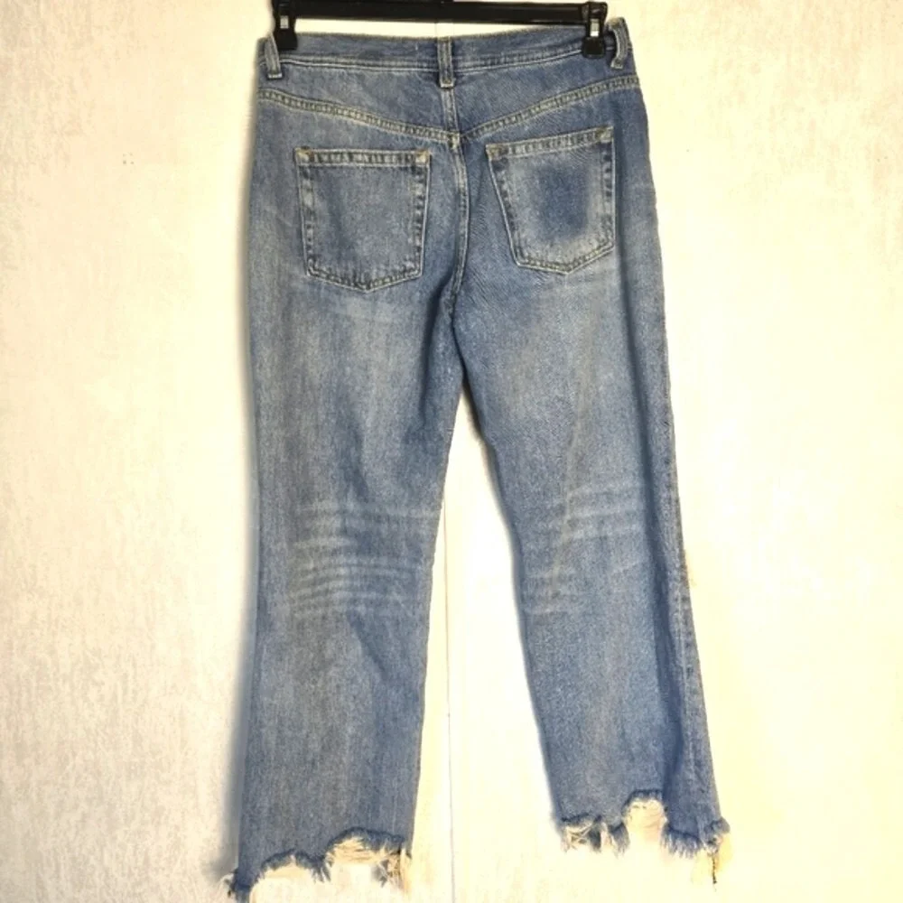 We The Free Free People Distressed Straight Leg Jeans Blue 27 Knee Ripped Frayed
